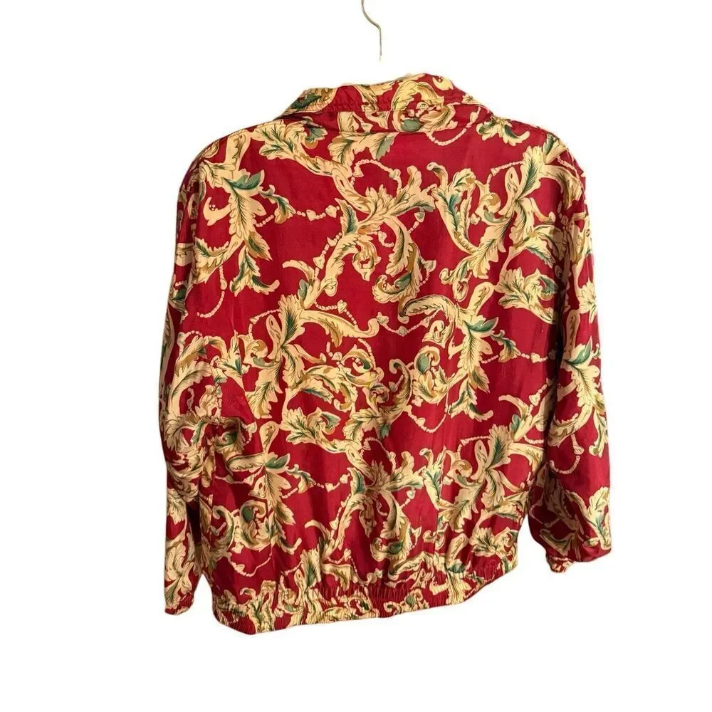 EVR DIV Rousso Apparel Vintage 100% Silk Women's Bomber Jacket Leaves Tan Red Sz